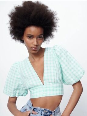 Zara Mint Gingham V-Neck 100% Cotton Tie Back Crop Top